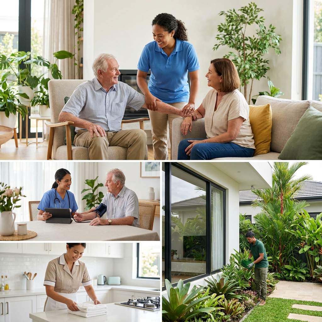 Premium elderly concierge care illustration showing caregiver, gardener, housekeeper, and remote communication link